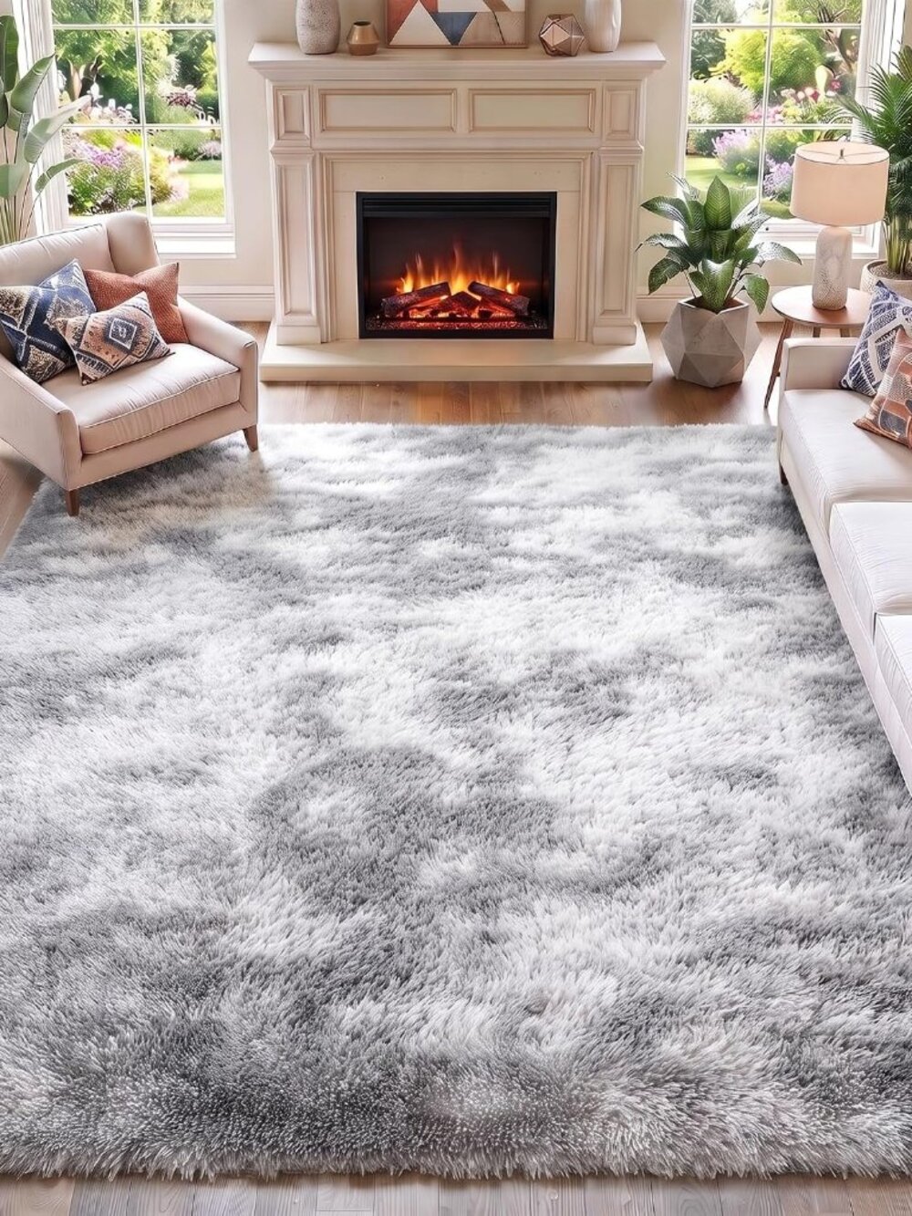 Area Rugs for Living Room Bedroom, 5x8 Fluffy Tie-Dyed Light Grey Shag Rug
